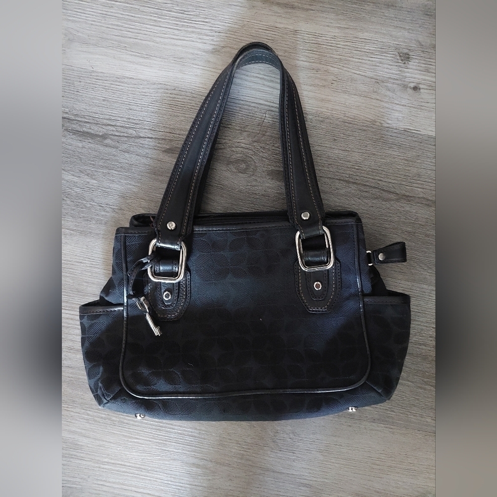 Vintage Fossil black Canvas & leather 2 strap shoulder bag purse w/ Key charm